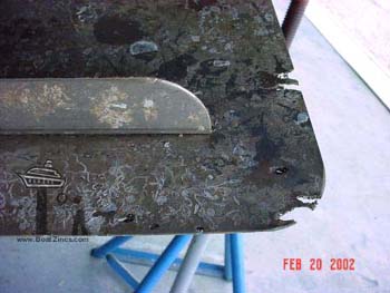 Stainless steel trim tabs corroded after zincs were consumed.